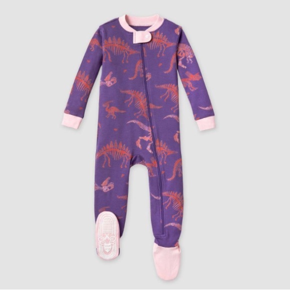 Burt's Bees Baby Girls' Dinosaur Snug Fit Footed Pajama Pink/Purple NWT - Picture 1 of 5